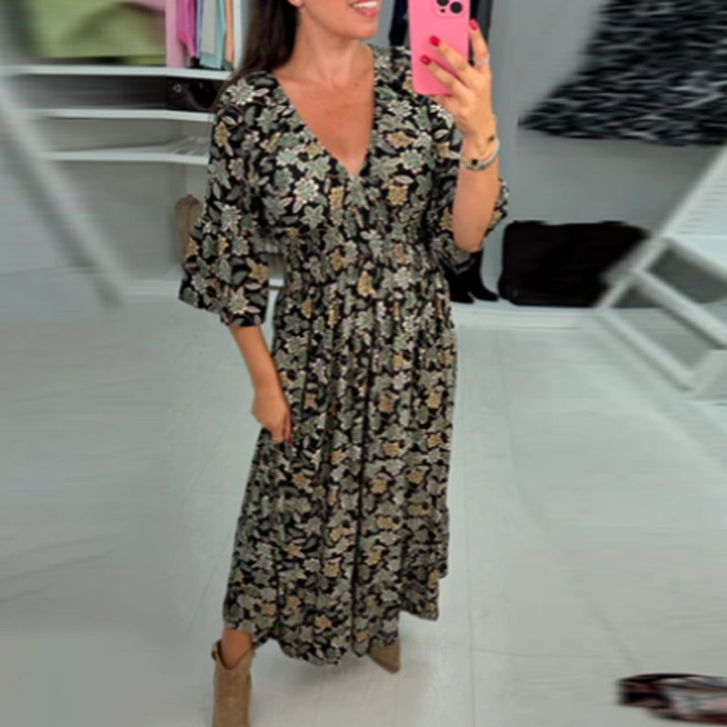V-neck Printed Maxi Dress with 3/4 Sleeves