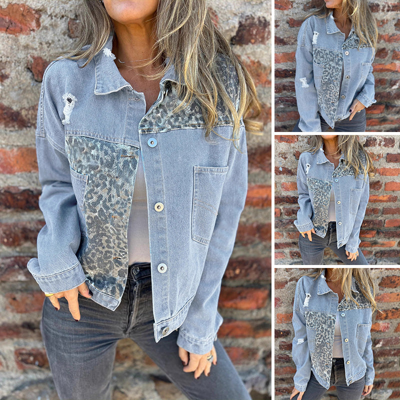 Fashionable Leopard Print Patchwork Denim Jacket