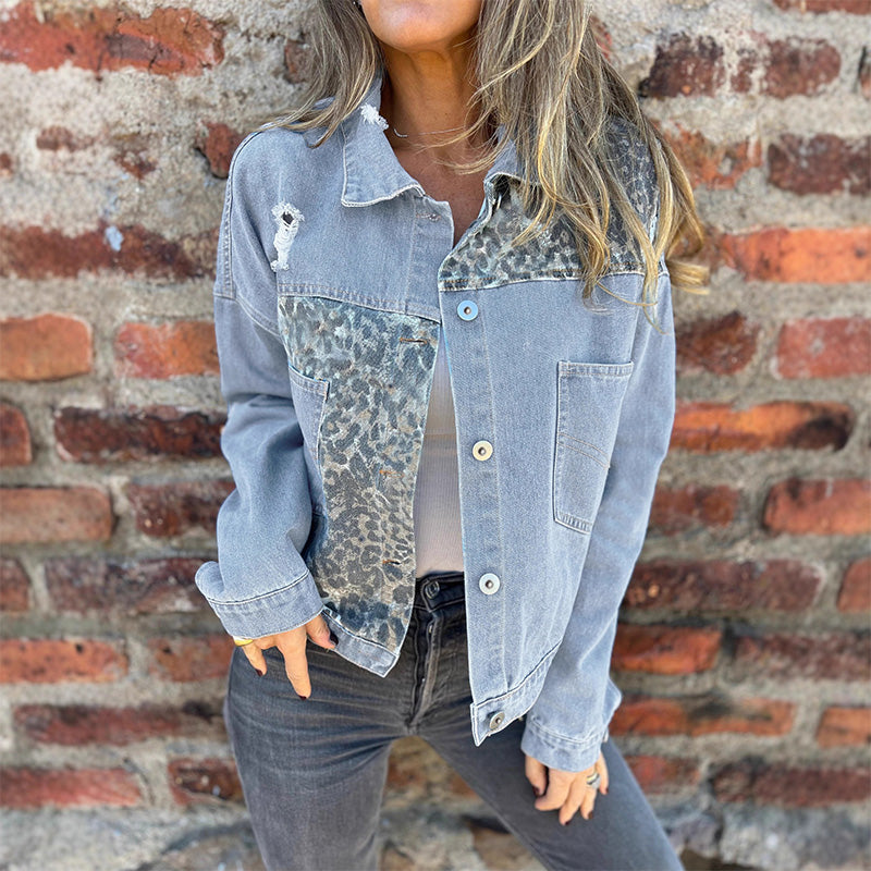Fashionable Leopard Print Patchwork Denim Jacket