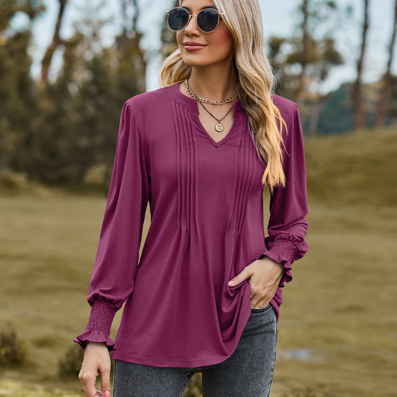 V-Neck Pleated Stretch Smocked Cuffed Top