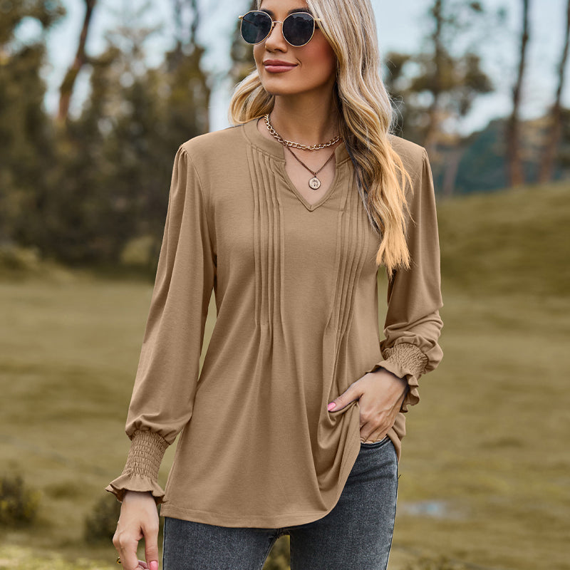 V-Neck Pleated Stretch Smocked Cuffed Top