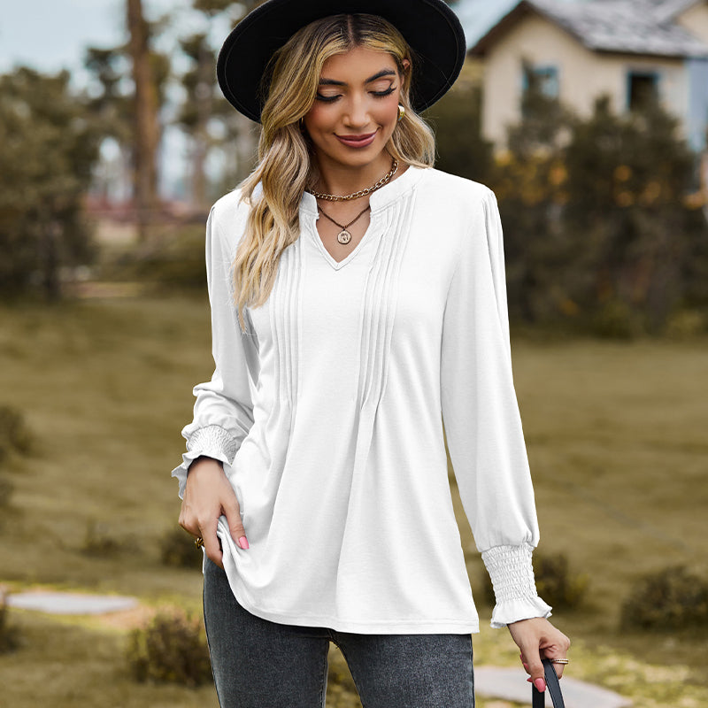 V-Neck Pleated Stretch Smocked Cuffed Top