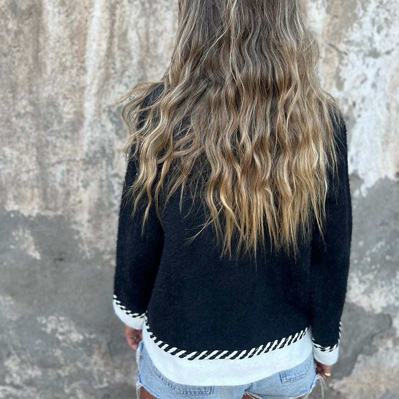 Color-Contrast Long-Sleeve Button Cardigan