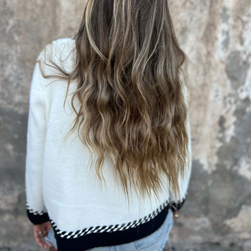 Color-Contrast Long-Sleeve Button Cardigan
