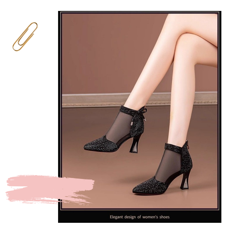 Stylish Block Heel Rhinestone Mesh Ankle Boots