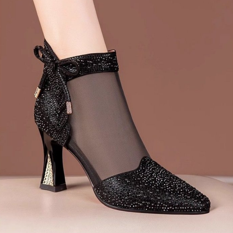 Stylish Block Heel Rhinestone Mesh Ankle Boots