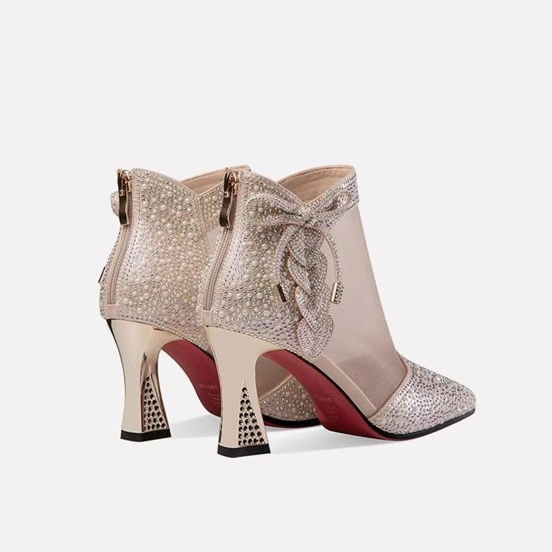 Stylish Block Heel Rhinestone Mesh Ankle Boots