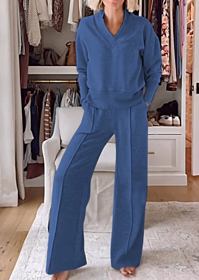 ⏰Limited Hot Sales - 49% OFF💥Women's Solid Color V-neck Top & Pants Two-piece Set