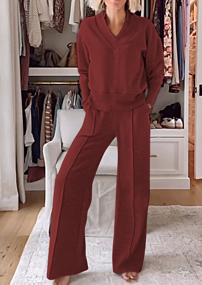 ⏰Limited Hot Sales - 49% OFF💥Women's Solid Color V-neck Top & Pants Two-piece Set