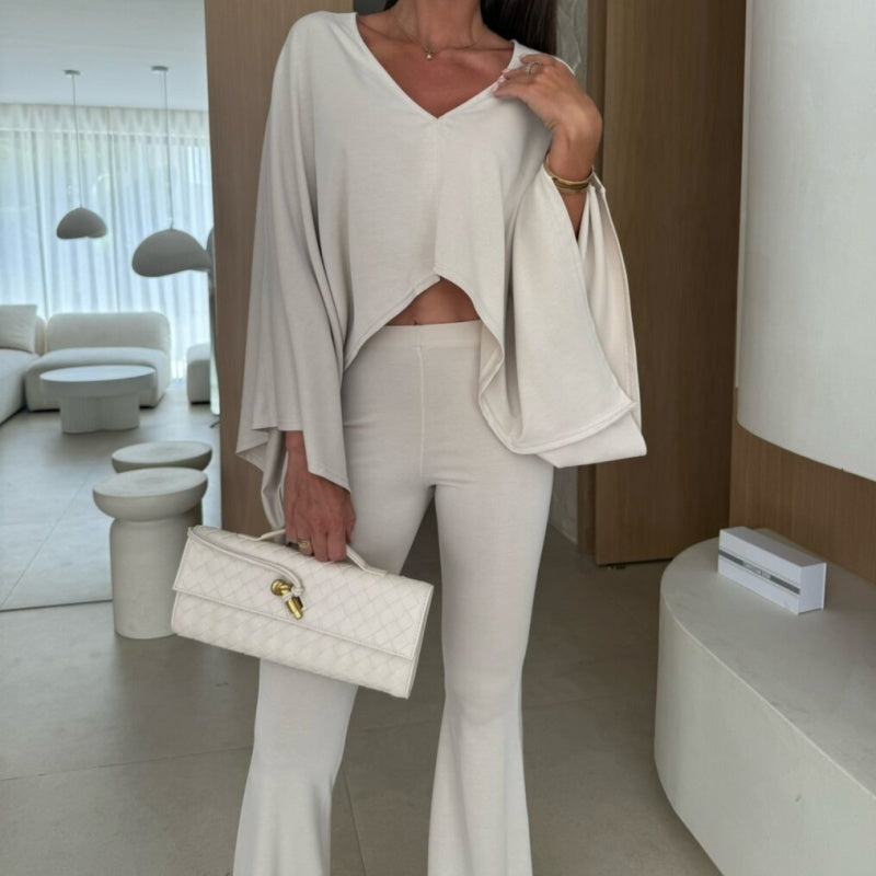 Solid Color Sexy V-Neck Top & Wide Leg Pants Two-Piece Set