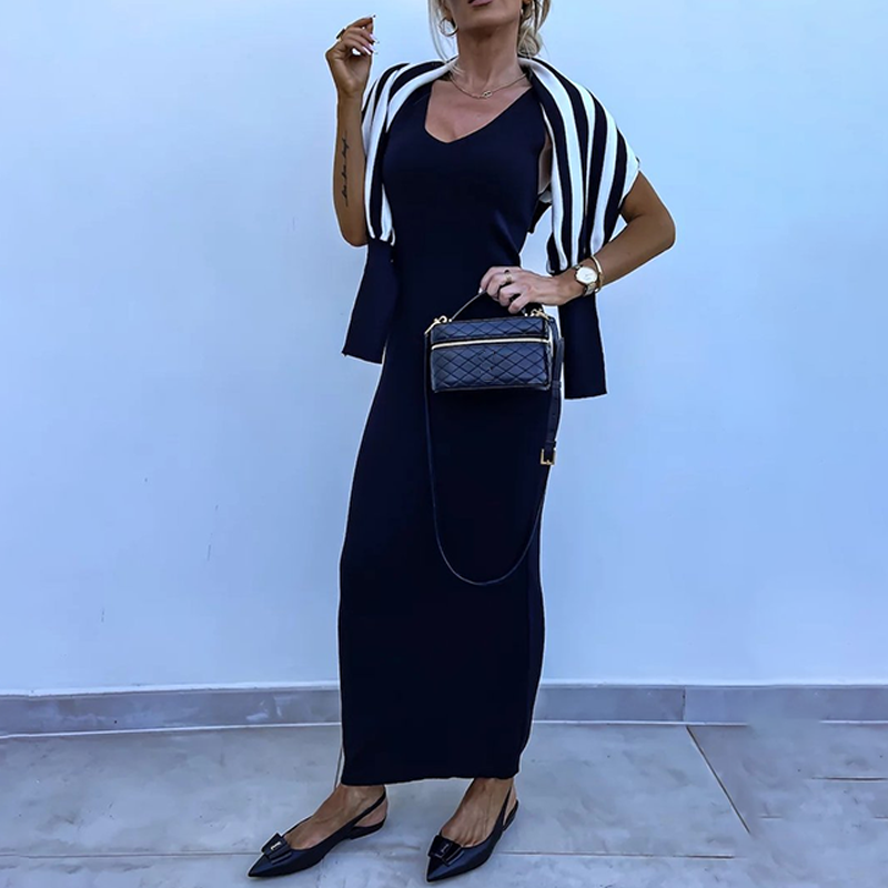 👚Striped Knit 2-Piece Set – Long-Sleeve Top & Slim Dress, Soft & Figure-Flattering