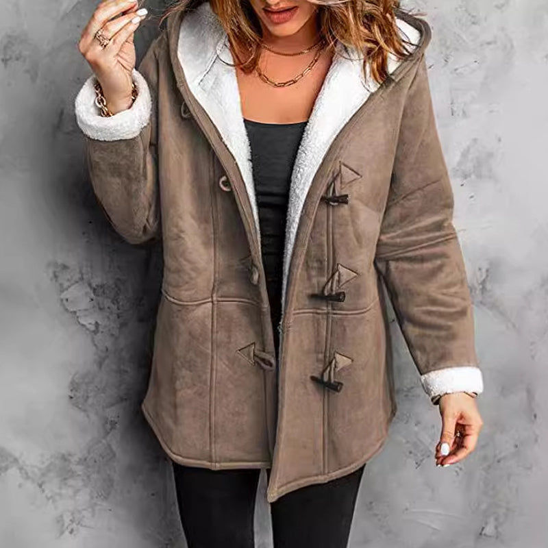 Women's Hooded Suede Coat with Plush Lining