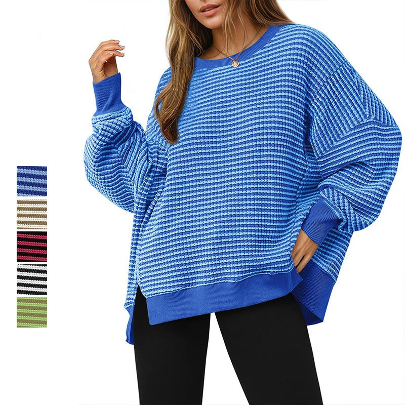 Casual Crewneck Color-Blocked Sweatshirt with Side Split