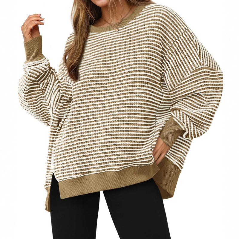 Casual Crewneck Color-Blocked Sweatshirt with Side Split
