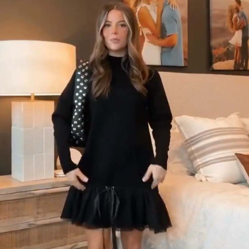 🔥 LAST DAY PROMOTION - 50%OFF 🔥Women's Turtleneck Ribbed Knit Sweater Tulle Mini Dress