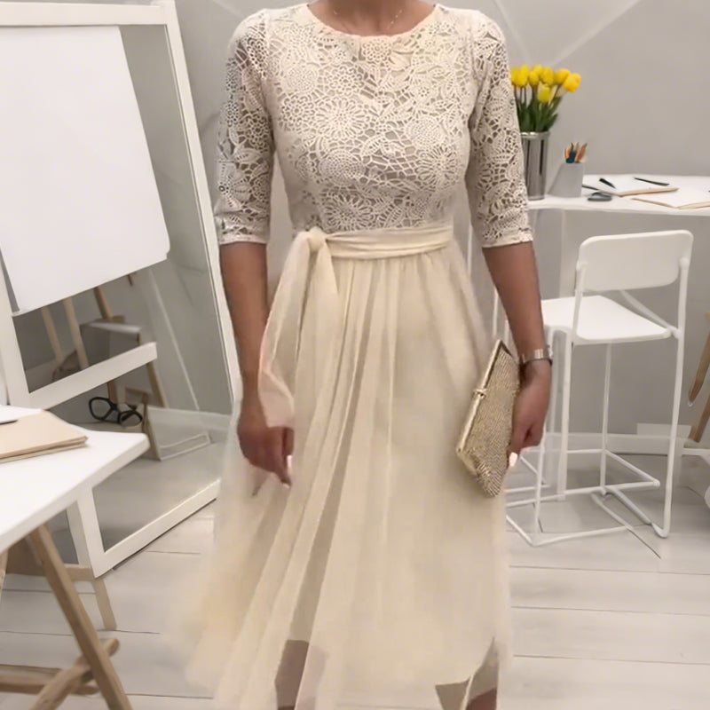 Elegant Lace-Neck Mesh Midi Dress