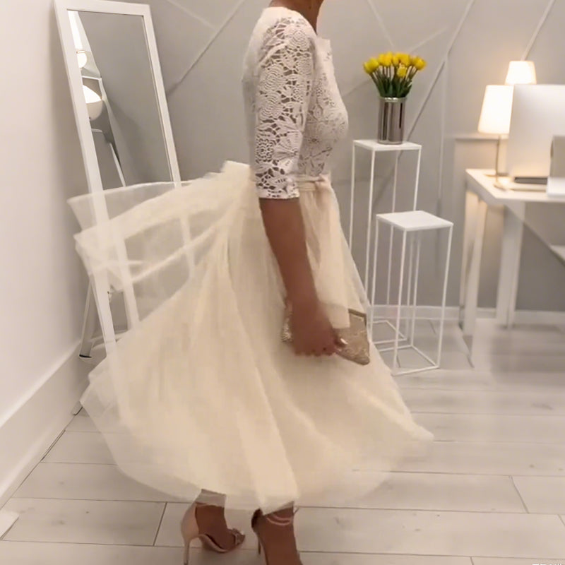 Elegant Lace-Neck Mesh Midi Dress