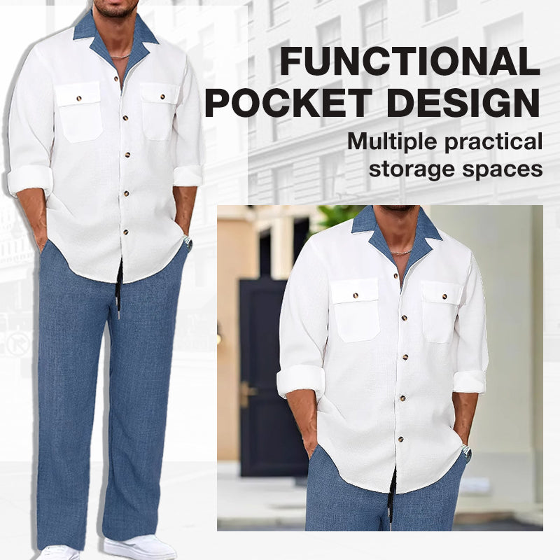 Men's Casual Lapel Long Sleeve Shirts & Pants 2-Piece Set