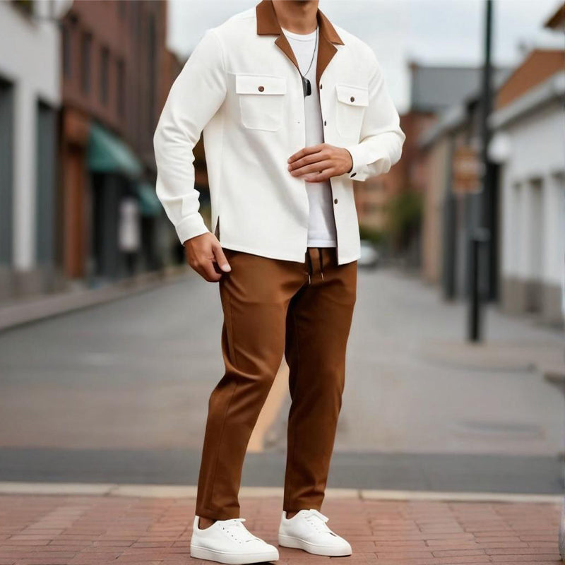 Men's Casual Lapel Long Sleeve Shirts & Pants 2-Piece Set