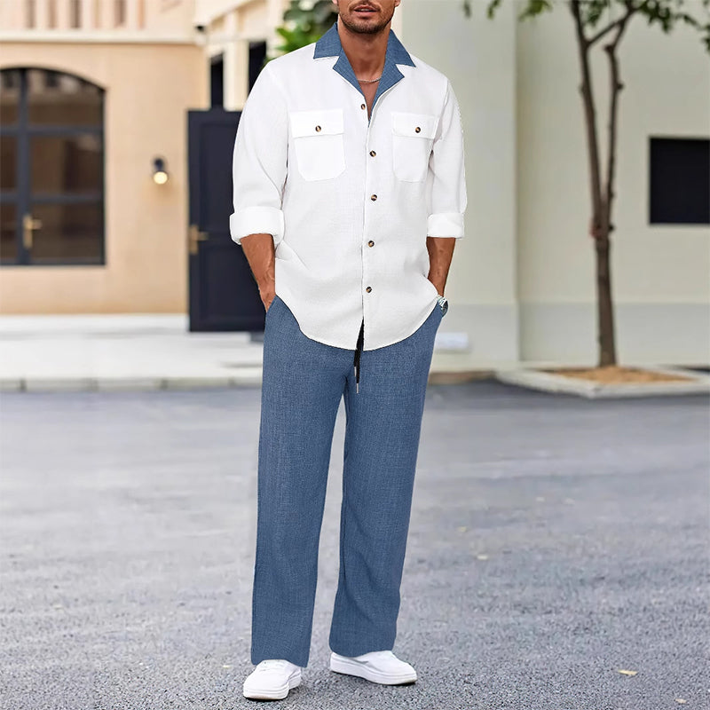 Men's Casual Lapel Long Sleeve Shirts & Pants 2-Piece Set