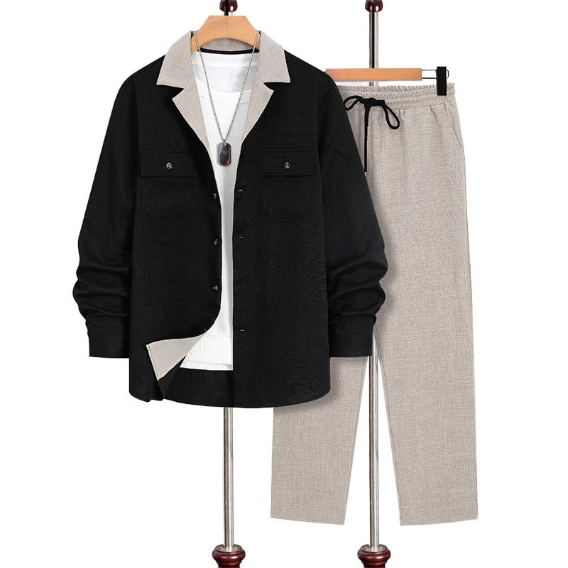 Men's Casual Lapel Long Sleeve Shirts & Pants 2-Piece Set
