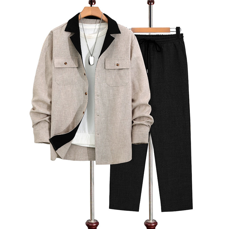 Men's Casual Lapel Long Sleeve Shirts & Pants 2-Piece Set