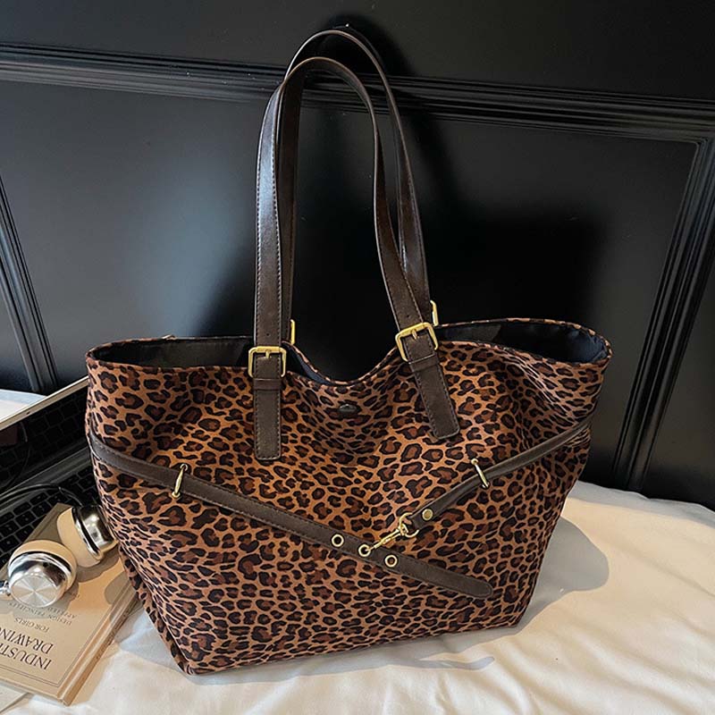 Leopard Print Suede Shoulder Tote Bag