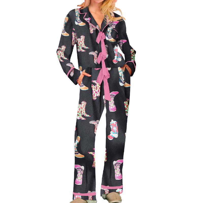 Bow Striped Tie Front Christmas Pajamas: Long Sleeve Tops and Long Pants