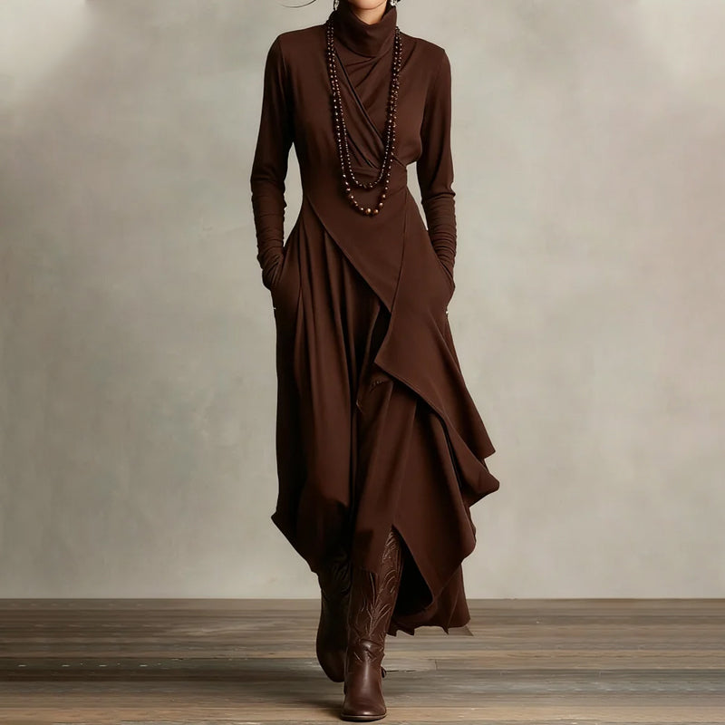Women's Elegant High-Neck Asymmetrical Draped Maxi Dress
