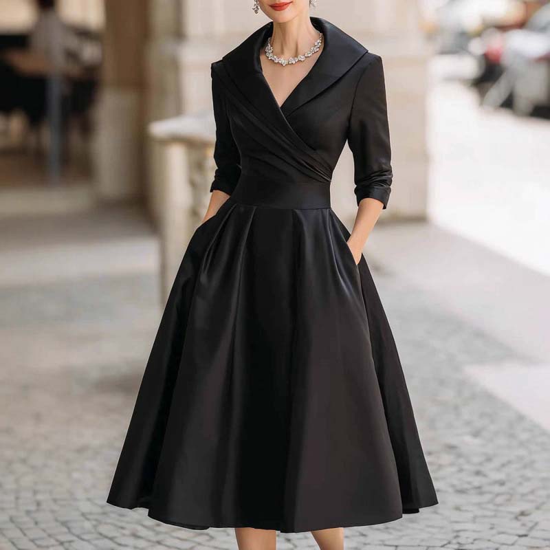 Women's Long-Sleeve Pleated A-Line Midi Dress