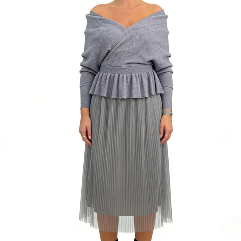 Women’s Elegant Off-Shoulder Knit Patchwork Midi Dress