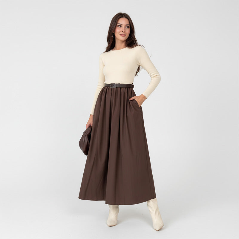 High Waist A-Line Dress with Pockets