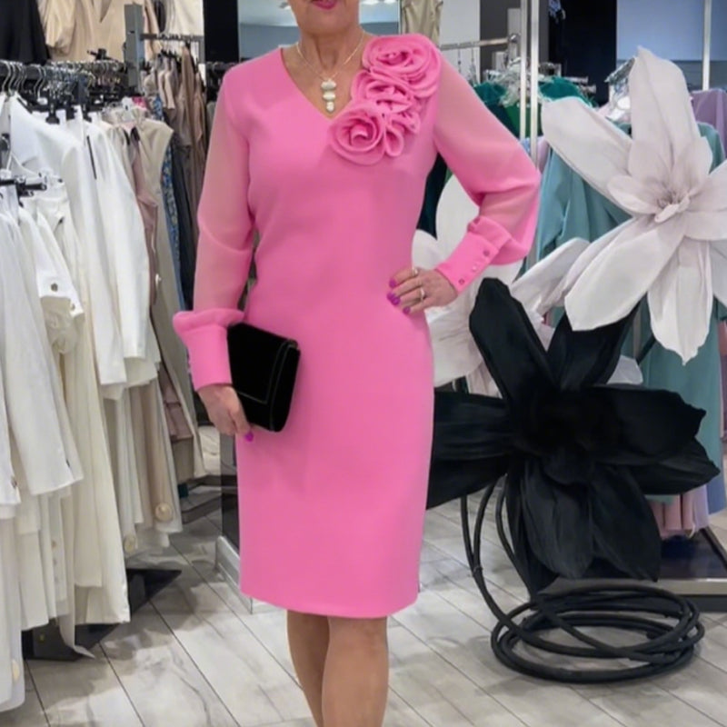 Women's Long Sheer Sleeve Dress with 3D Floral Detail