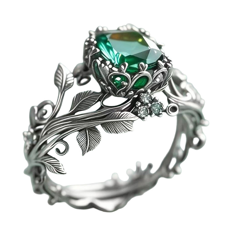 🔥🎁New arrival 50% OFF💥Green Synthetic Crystal Ring with Intricate Leaf