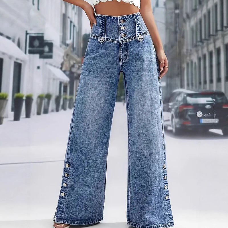 📢📢49% OFF !!!⏰High-Waist Wide-Leg Jeans – easy pull-on style! Side slits let the breeze in, keep you cool. 🌸