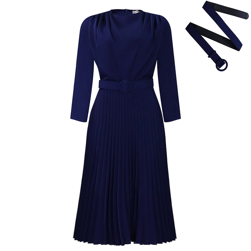 Elegant Long Sleeve Pleated Midi Dress with Belt