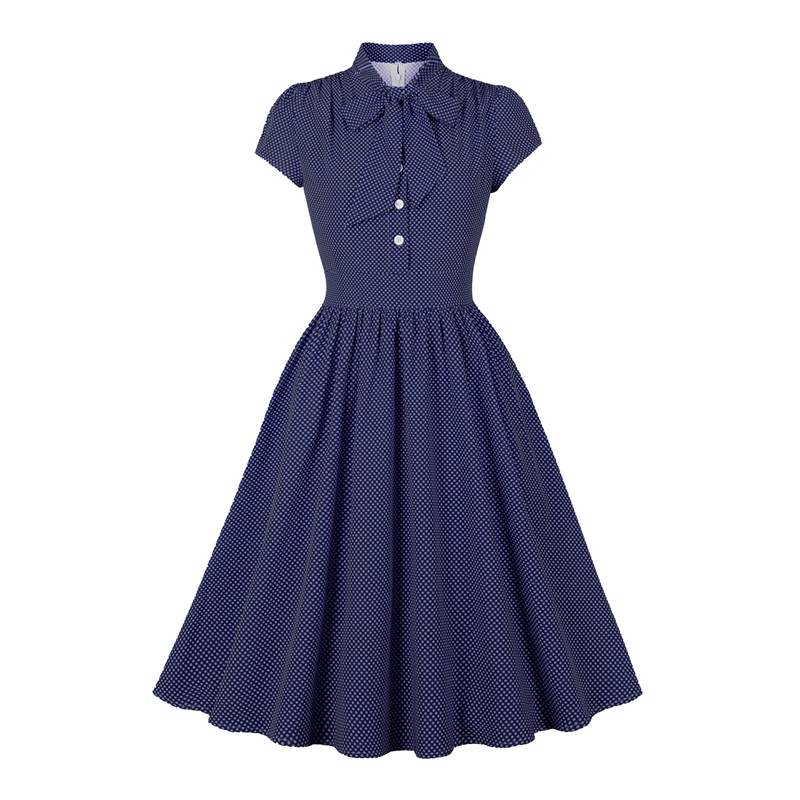 Women's Polka Dot Swing Dress with Neck Bow