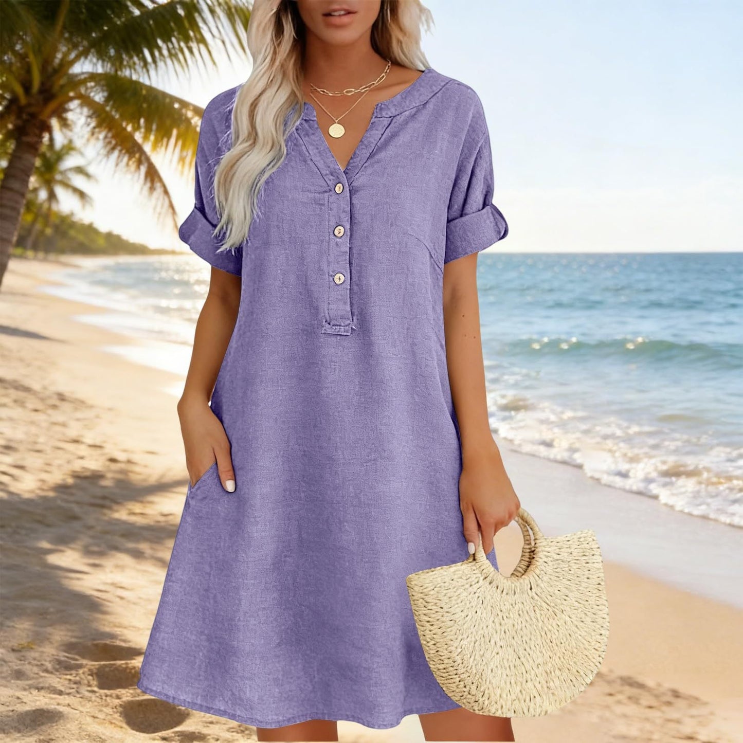 Women's Casual V-Neck Tunic Dress with Pockets