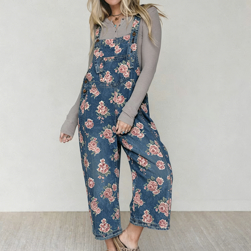 Women’s Vintage Floral Print Denim Overalls