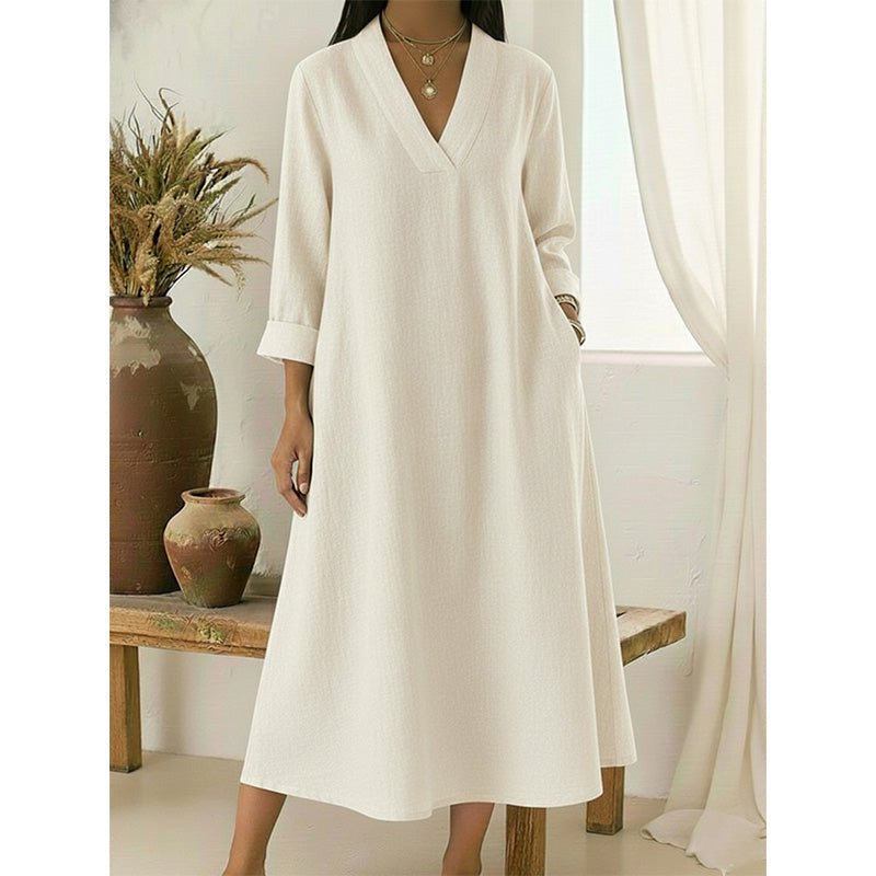 đ„Womenâs V-Neck Cotton Linen A Line Dress