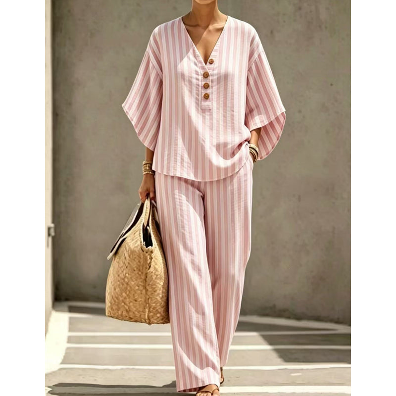 ๐๐Women's Striped V-Neck Top & Wide-Leg Pants Set