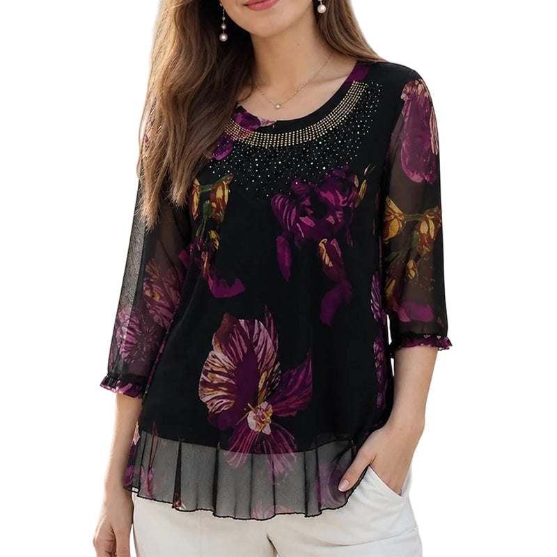Elegant Floral Print Tunic Top | Lightweight Sheer 3/4 Sleeve Blouse | Double-Layer Chiffon Hem Plus Size