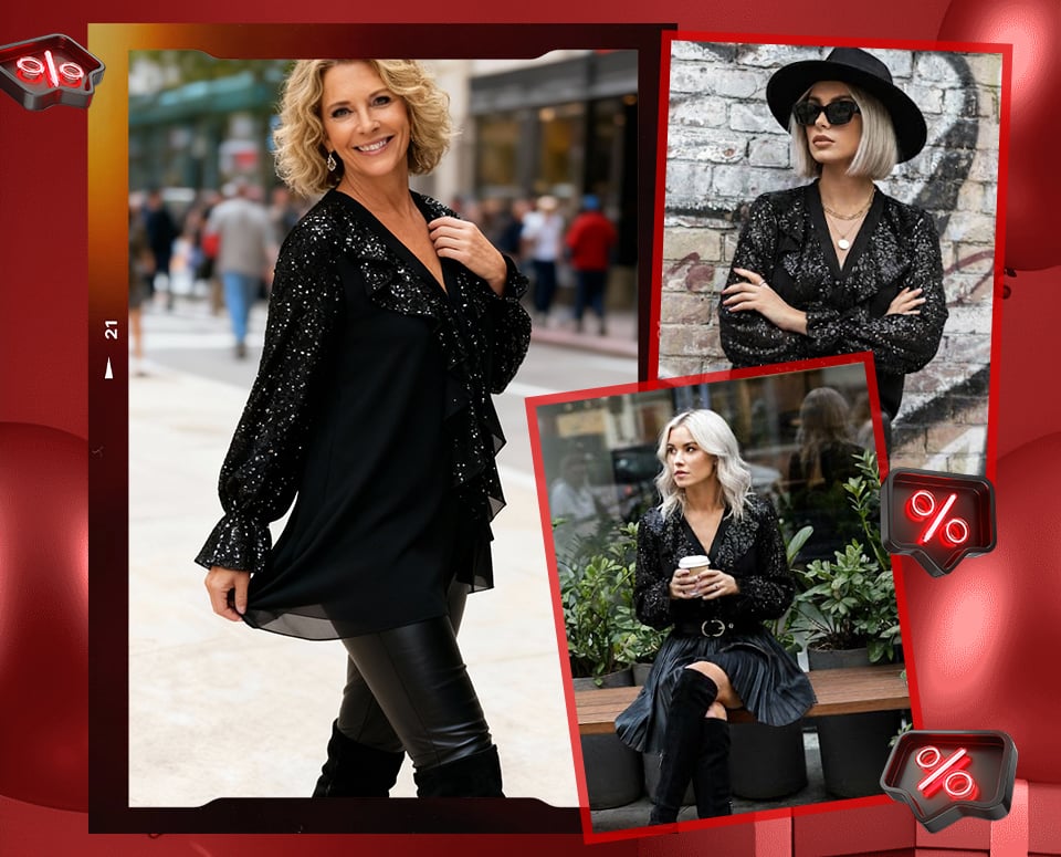 🎅 HOLIDAY HAUL SALE✨Women's V-Neck Chiffon Sequin Long Sleeve Shirt🎁