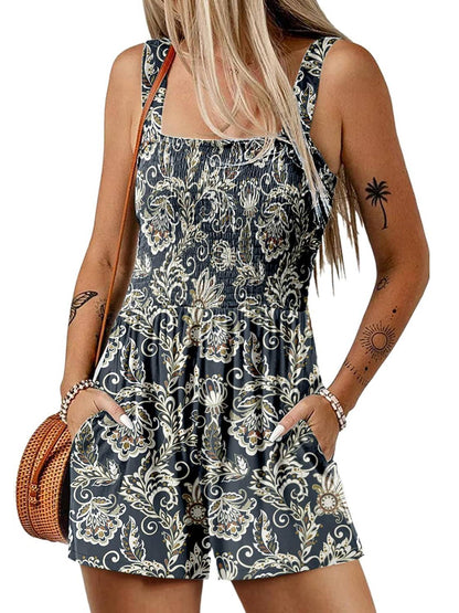 ⏰Hot Sale 50% Off💃Women's Summer Square Neck Sleeveless Loose Casual Short Smocked Romper