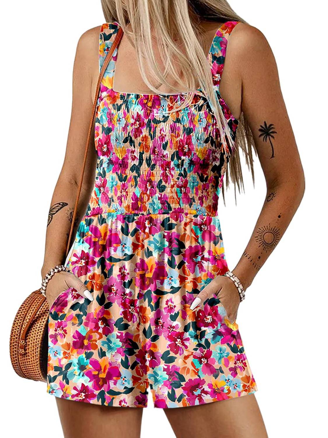 ⏰Hot Sale 49% Off💃Women's Summer Square Neck Sleeveless Loose Casual Short Smocked Romper