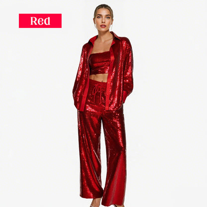 ✨Sequin Blazer And Wide Trousers For Women (3-piece Set)