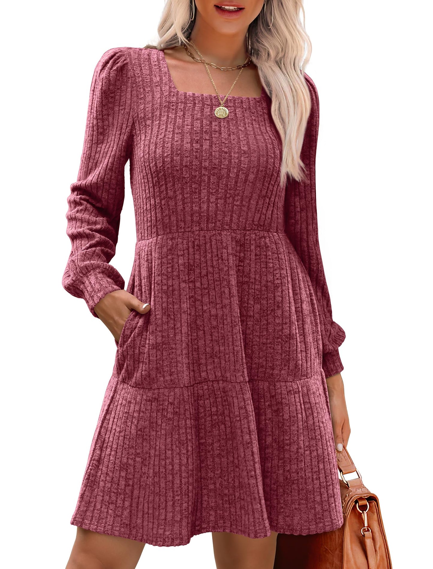 🍂2025 New Style⏰Women's Square Neck Lantern Sleeve Ribbed Dress