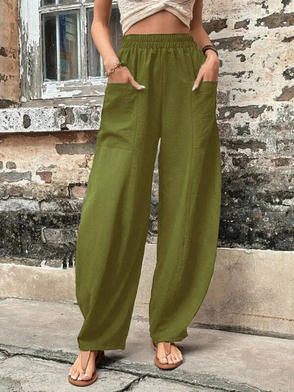 Women's Solid Colour Trousers with Elastic Waist and Pockets – Perfect for Everyday Wear