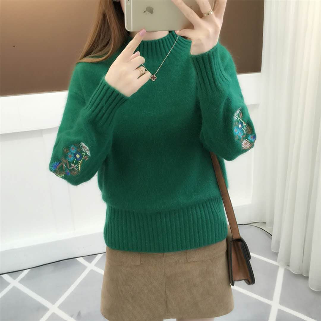 Cashmere Knitted Floral Embroidery Thick Sweater