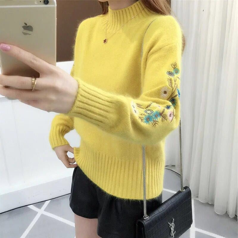 Cashmere Knitted Floral Embroidery Thick Sweater